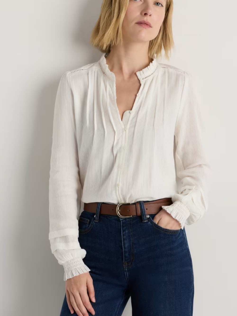 Quince Organic Textured Cotton Peasant Blouse EUC